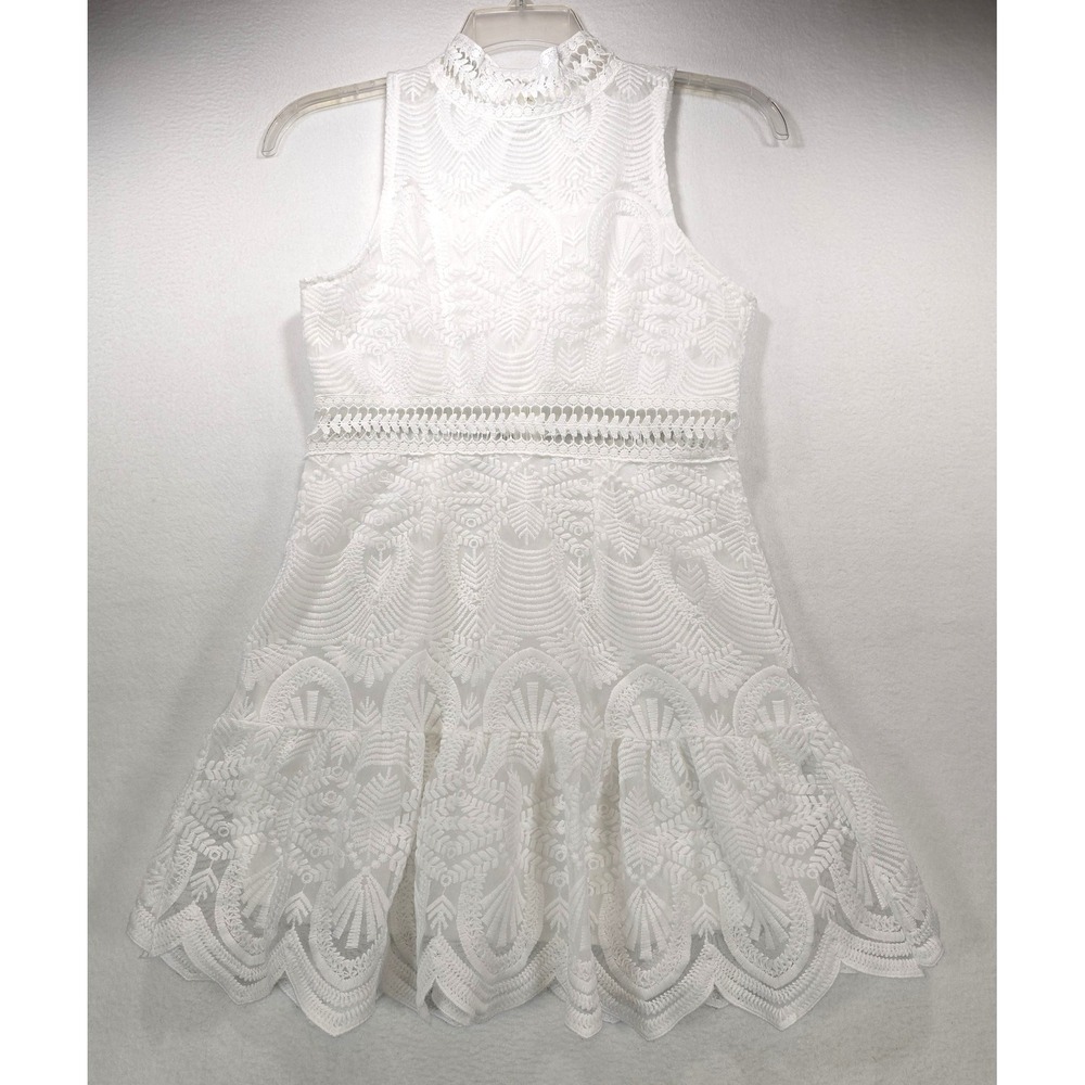White Lace Mock Neck Sleeveless Mini Dress Crochet Cutout Waist Size M